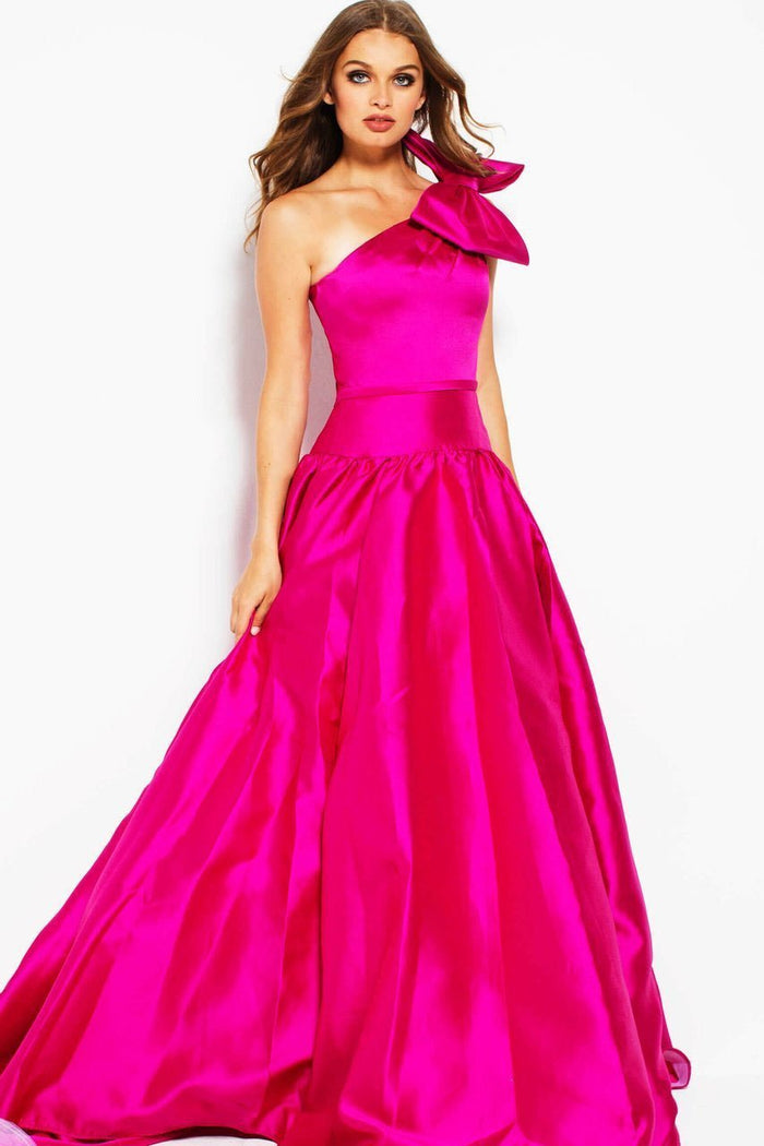 48897 Oversized Bow Ornate Asymmetrical Ballgown