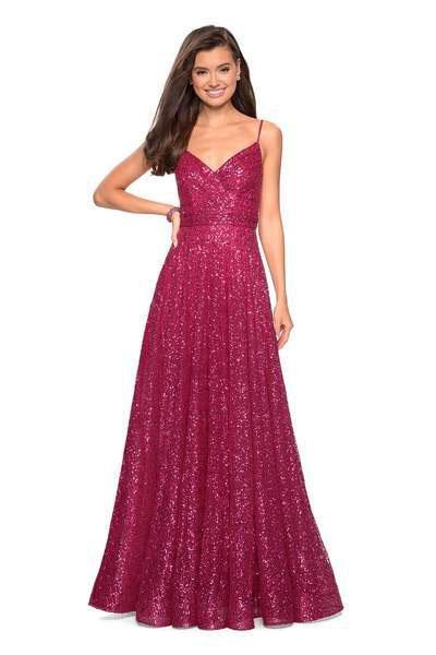 La Femme - 27747 Sequined V-neck A-line Dress In Pink