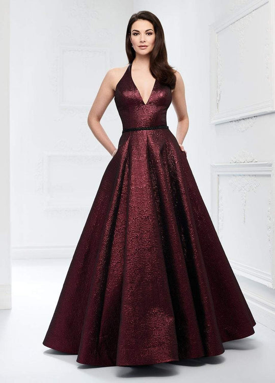 Montage by Mon Cheri - 218922 Metallic Brocade Halter V-neck Ballgown in Red