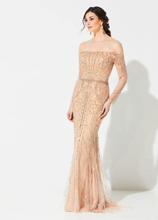Ivonne D for Mon Cheri - 219D76 Beaded Tulle Long Sleeve Trumpet Gown In Nude