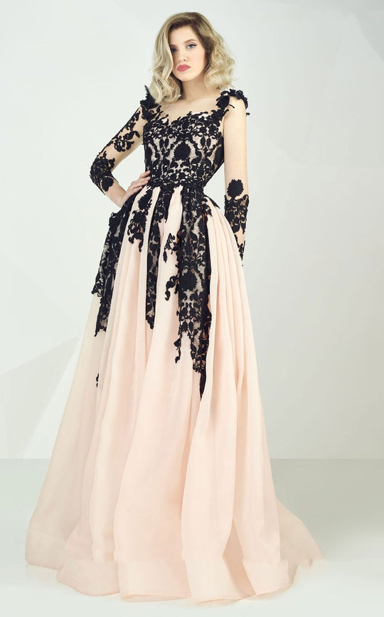 MNM Couture - Lace Floral Ruched Long Gown G0666 in Peach and Black