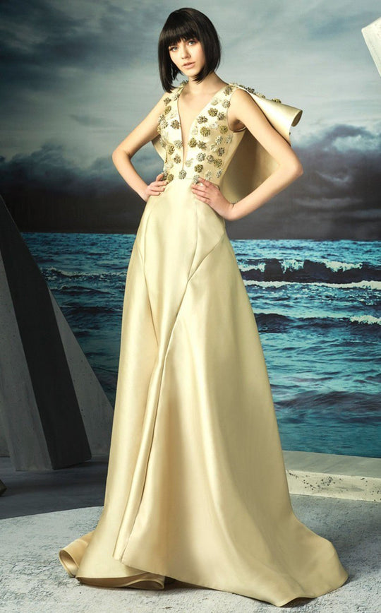 MNM Couture - G0825 Illusion Plunging Gown with Ruffled Cape in Gold