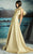 MNM Couture - G0825 Illusion Plunging Gown with Ruffled Cape in Gold