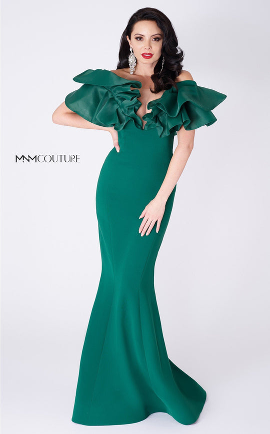 MNM COUTURE - G0903 Ruffled Deep Off-Shoulder Mermaid Dress In Green