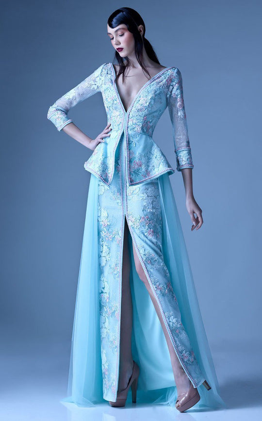 MNM Couture - G0905 Embroidered Plunging Peplum Evening Gown in Blue