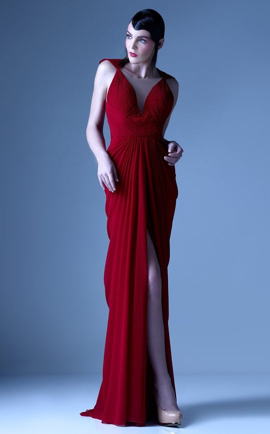 MNM Couture - G0919 Illusion V Neckline Draped Pleated Evening Dress in Red