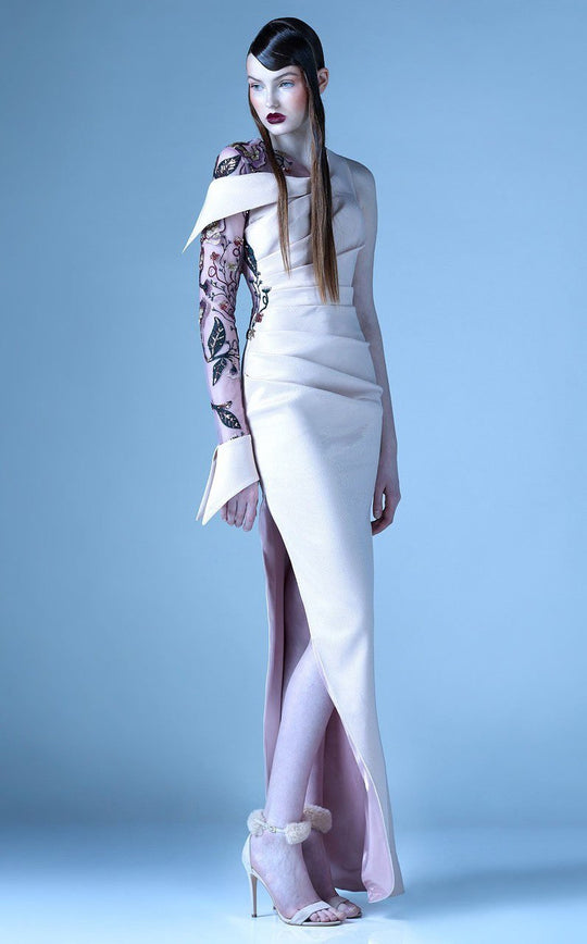 MNM Couture - G0931 Embellished One Long Sleeve Pleated Gown in Pink