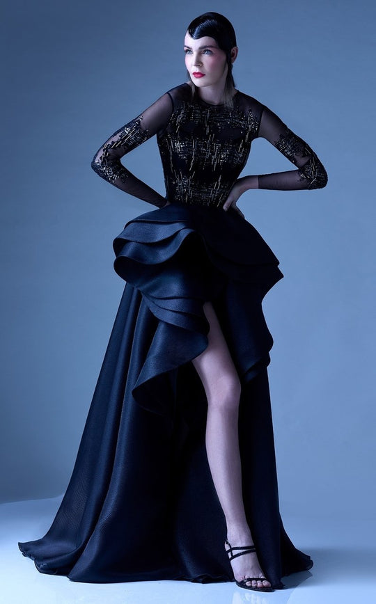 MNM Couture - G0954 Embellished Sheer Long Sleeve HighLow Evening Gown in Black
