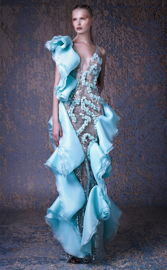 MNM COUTURE - G1001 Applique Ruffled Deep V-neck Sheath Dress In Blue