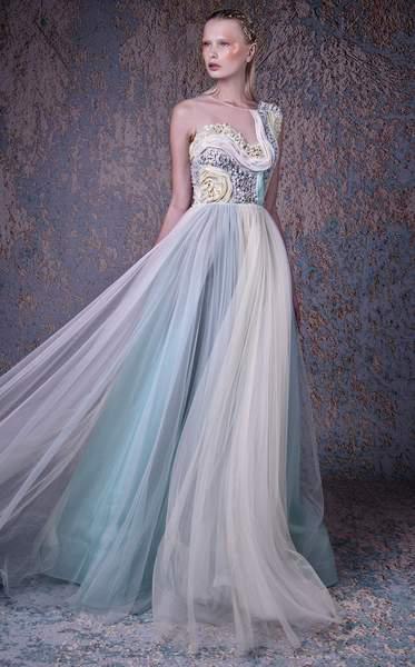 MNM COUTURE - G1002 Ruffled Jewel Neck Pleated A-line Gown In Multi-Color