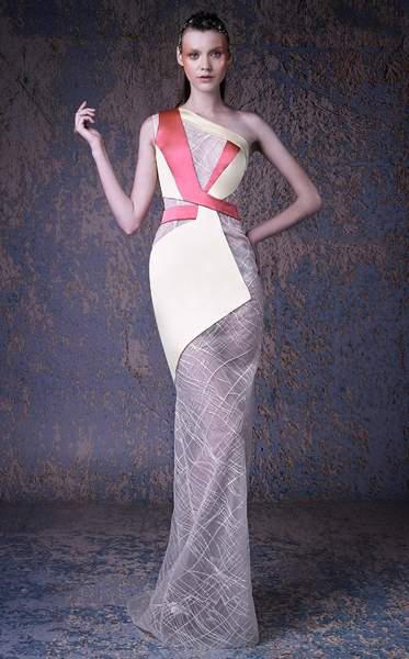 MNM COUTURE - G1006 Two Tone Asymmetric Sheath Dress In Yellow and Red