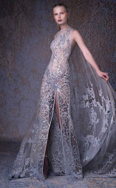 MNM COUTURE - G1007 Sequined High Neck Trumpet Dress With Cape In Silver