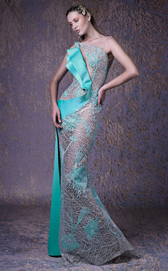 MNM COUTURE - G1008 Embroidered Bateau Trumpet Dress In Green