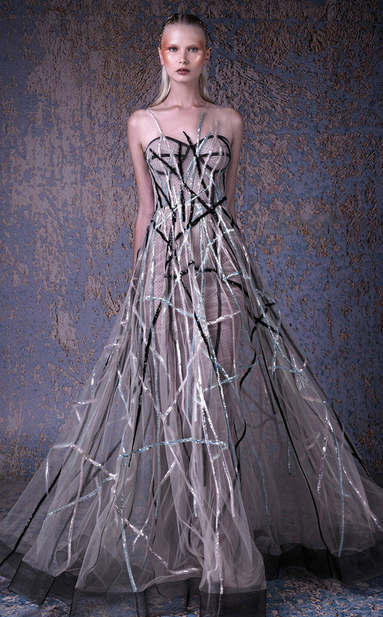 MNM COUTURE - G1009 Sequined Illusion Jewel A-line Gown