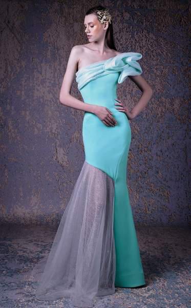 MNM COUTURE - G1010 Ruffled Asymmetric Trumpet Dress In Green