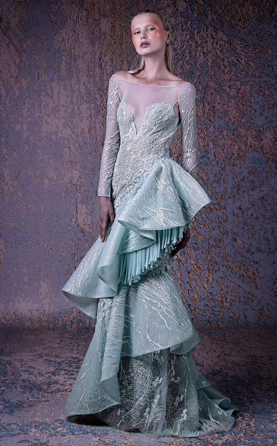 MNM COUTURE - G1011 Applique Off-Shoulder Long Sleeve Ruffled Dress In Green