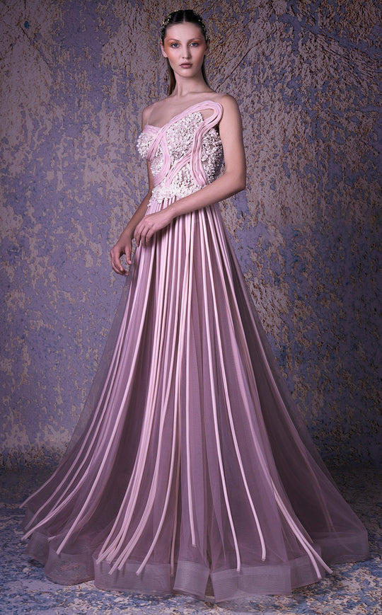 MNM COUTURE - G1013 Applique Illusion Neck A-line Gown In Pink