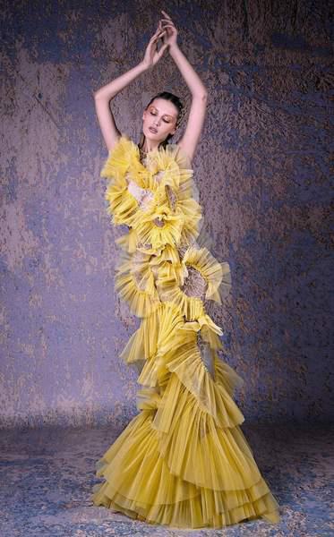 MNM COUTURE - G1015 Ruffled High Neck Trumpet Dress In Yellow