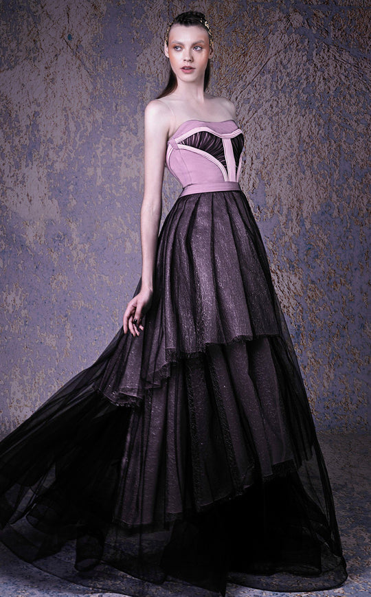 MNM COUTURE - G1017 Strapless Illusion Tiered Pleated Skirt Ballgown In Black and Neutral