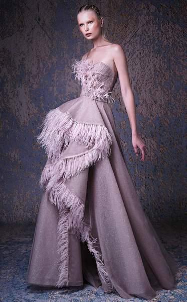 MNM COUTURE - G1029 Feathered Strapless A-line Gown In Pink