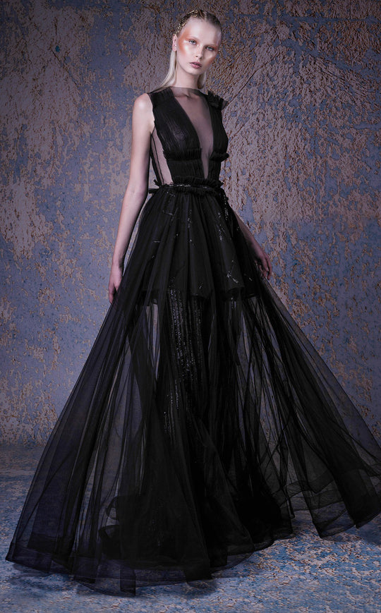 MNM COUTURE - G1053 High Neck Ruffled A-line Dress In Black