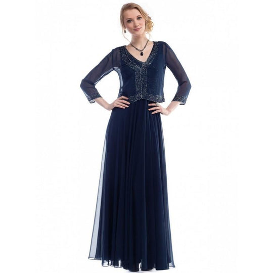 Glow by Colors - G268 Quarter Sleeve Illusion Jacket Overlaid A-Line Dress In Blue