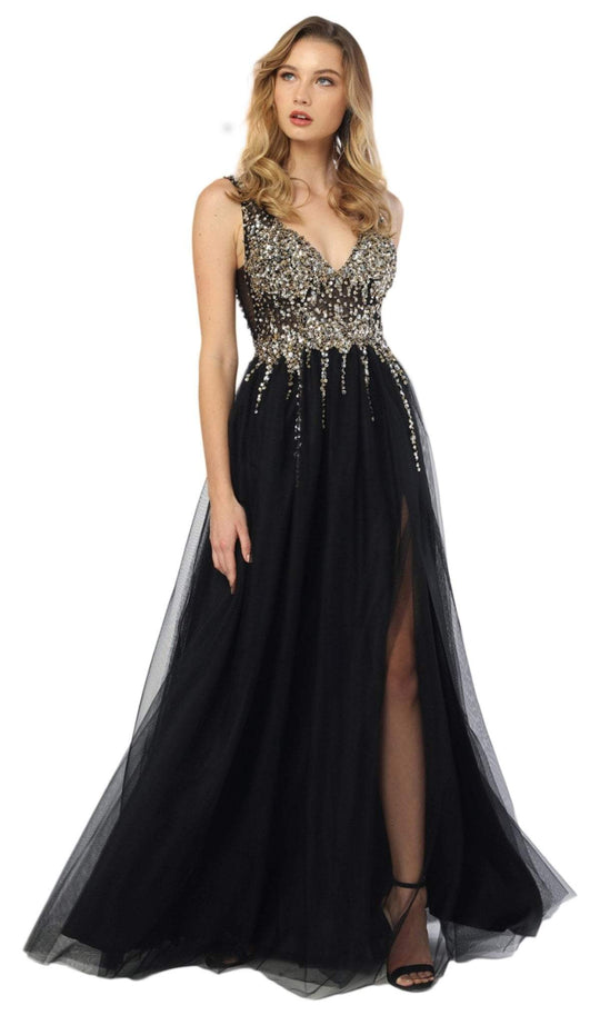 Nox Anabel - G272 Crystals and Stone Embellished V-Neck Evening Gown In Black and Gold