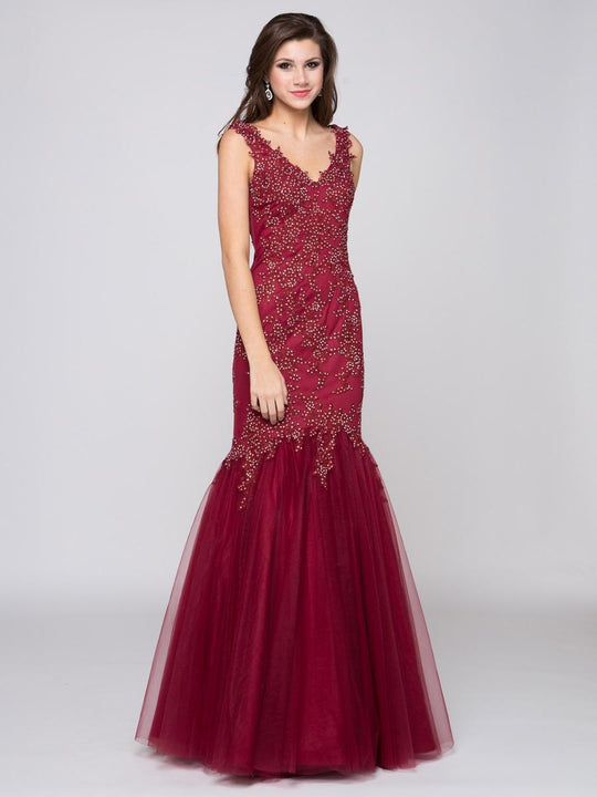Glow by Colors - G290-1 V-neck Beaded Lace Mermaid Gown In Red