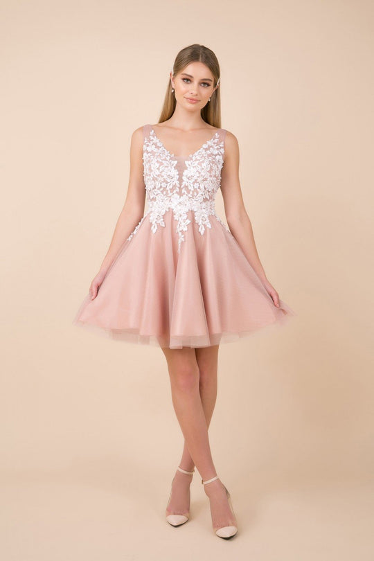 Nox Anabel - G669 Lace Applique V-neck A-line Dress In Neutral