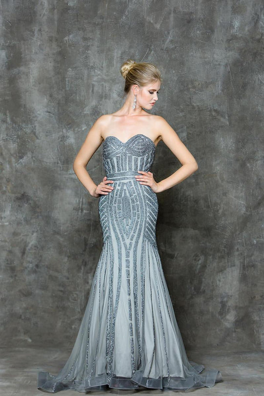 Glow by Colors - G696 Embellished Sweetheart Trumpet Dress in Gray