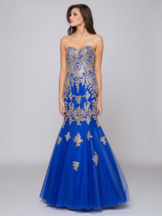 Glow by Colors - G708 Gilt Embroidered Trumpet Gown in Blue