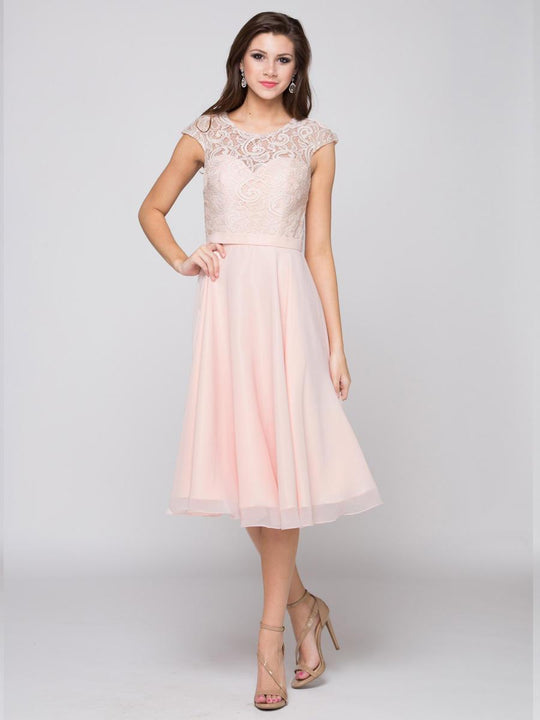 Glow by Colors - G732 Illusion Bateau Lace A-line Dress in Pink