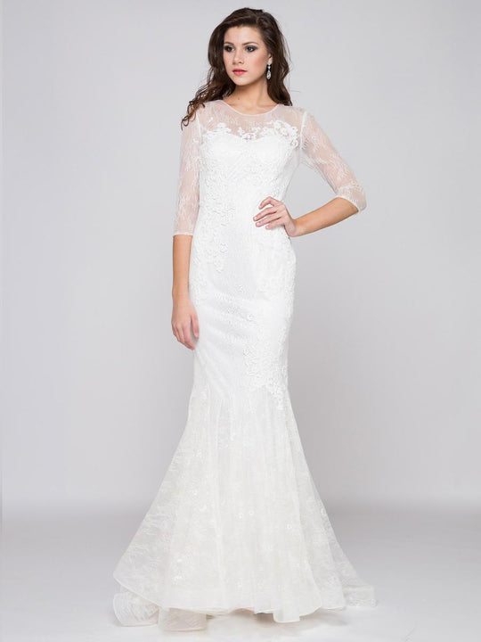 Glow by Colors - G733 Quarter Sleeve Lace Evening Gown in White