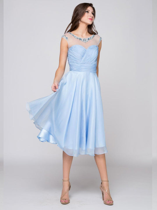 Glow by Colors - Illusion Bateau Chiffon A-line Dress G737 in Blue