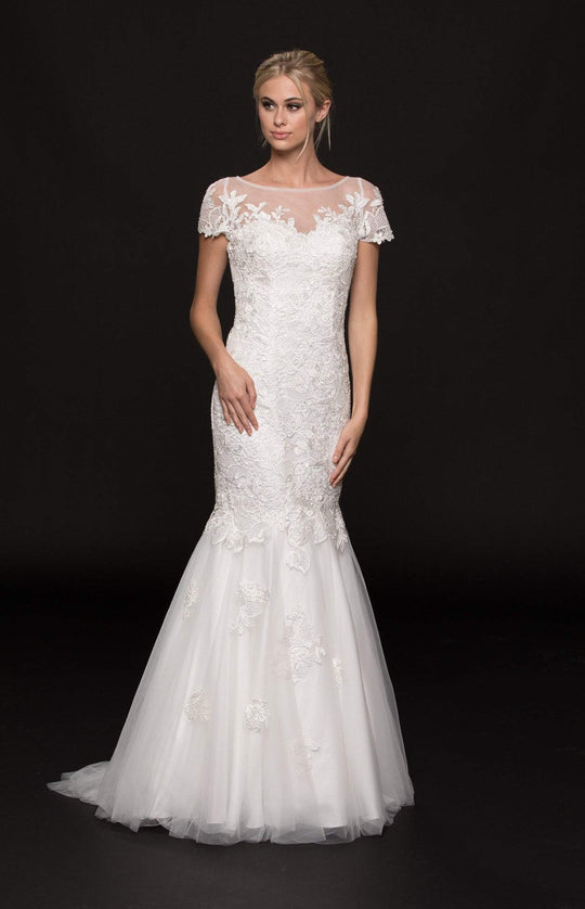Glow by Colors - G742 Short Sleeve Beaded Illusion Lace Gown In White