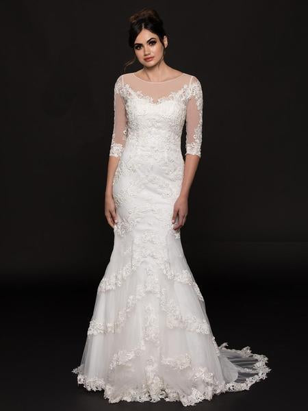Glow by Colors - G743 Illusion Bateau Quarter Sleeve Lace Gown In White