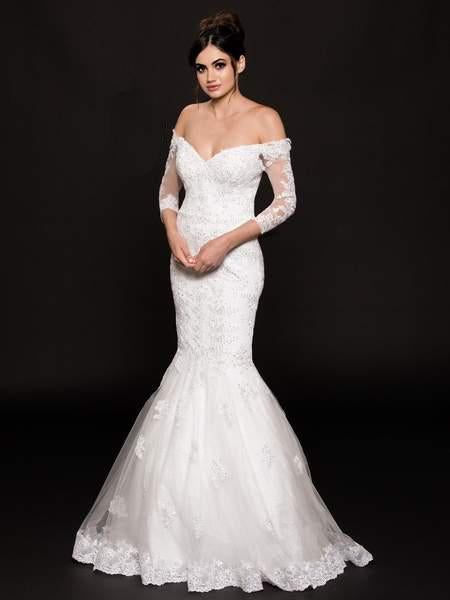 Glow by Colors - G744 Lace Appliqued Off Shoulder Mermaid Gown In White