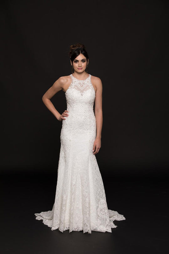 Glow by Colors - G747-1 Lace Halter Trumpet Dress With Train In White