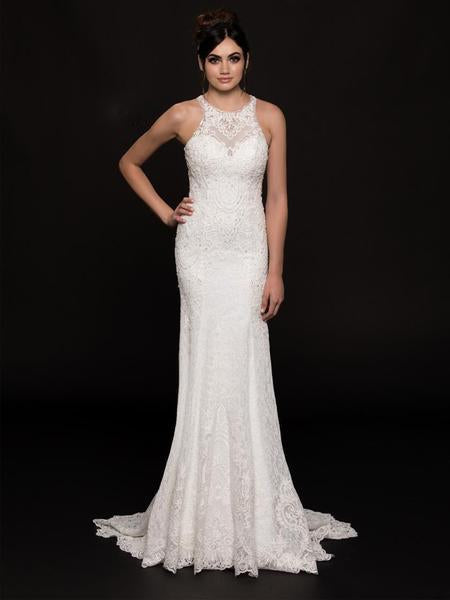 Glow by Colors - G747 Illusion Jewel Bejeweled Lace Sheath Gown In White