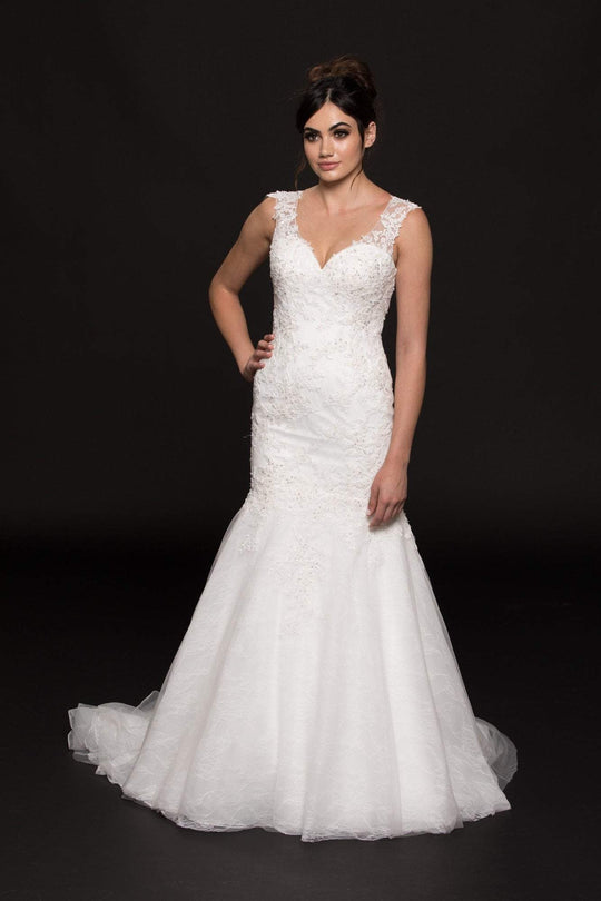 Glow by Colors - G748 Cap Sleeve Illusion Appliqued Lace Long Gown In White