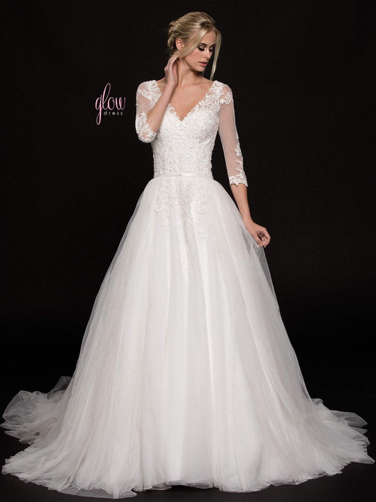 Glow by Colors - G749 Quarter Sleeve Illusion V-Neck Gossamer Gown In White