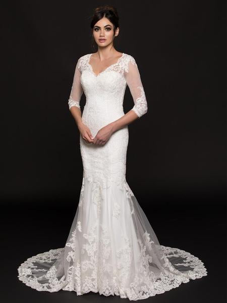 Glow by Colors - G750 Illusion Quarter Sleeve Scalloped Lace Gown In White