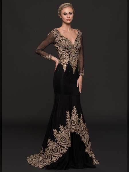 Glow by Colors - G763 Long Sleeve High-Low Gilt-Lace Trimmed Gown In Black