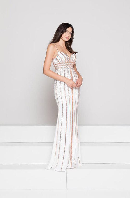 Glow by Colors - G766 Gilt Stripe Ornate Sheath Gown In White