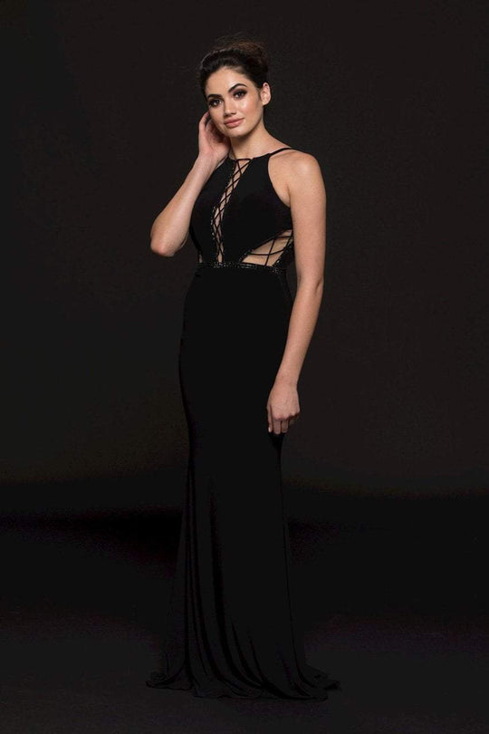 Glow by Colors - G768 Embellished Halter Jersey Sheath Dress in Black