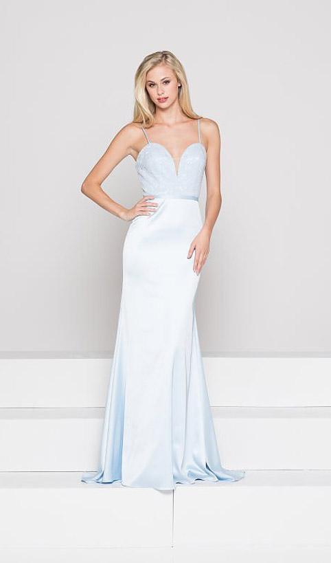 Glow by Colors - G780 Plunging Sweetheart Satin Gown In Blue