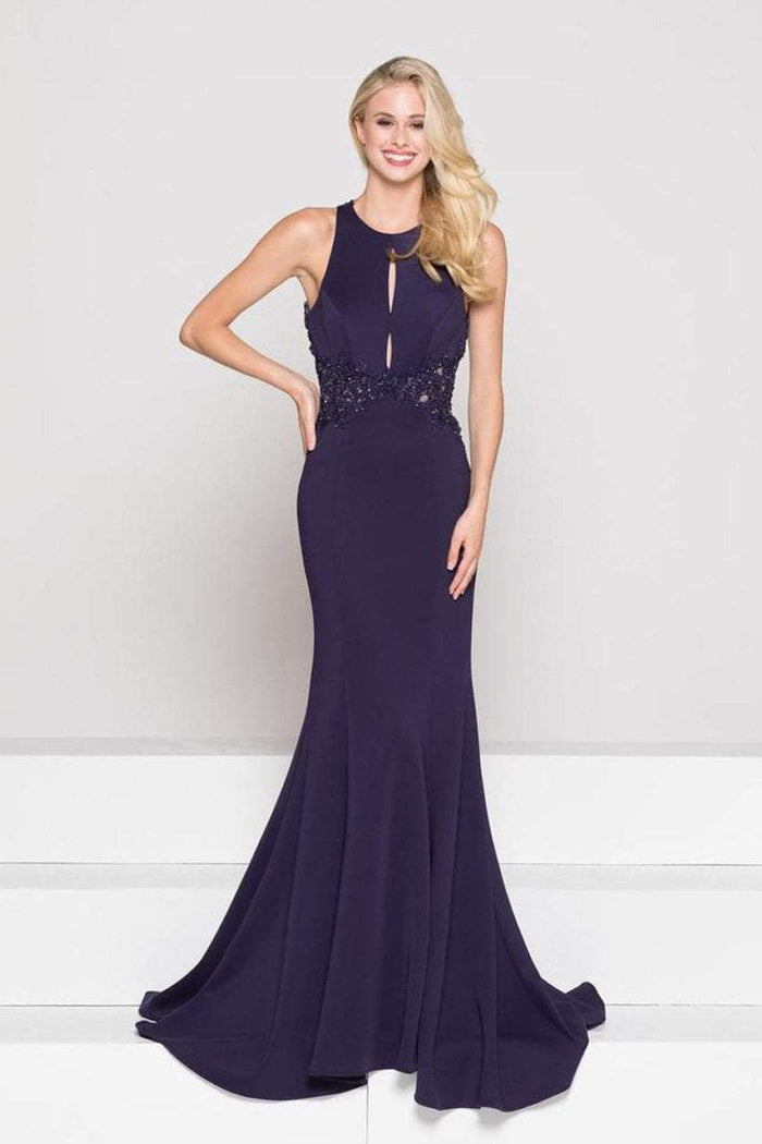 Glow by Colors - G783 Beaded Lace Halter Scuba Sheath Dress In Purple
