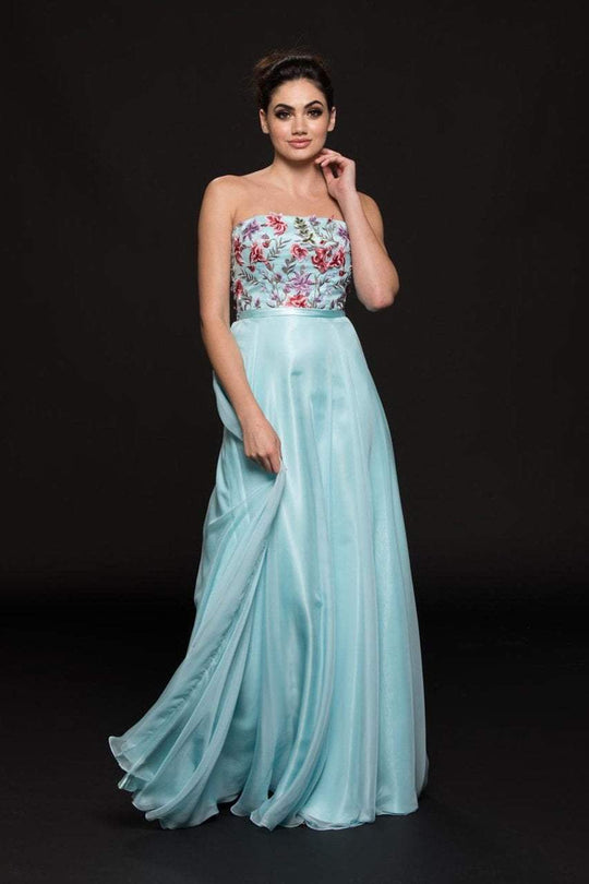 Glow by Colors - G787 Multi-Colored Embellished Chiffon A-line Dress In Blue