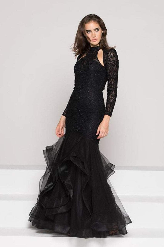 Glow by Colors - G789 Long Sleeve Lace Mermaid Dress In Black