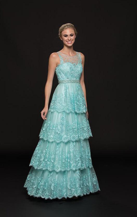 Glow by Colors - G791 Illusion Tiered Lace A-Line Gown In Blue and Green